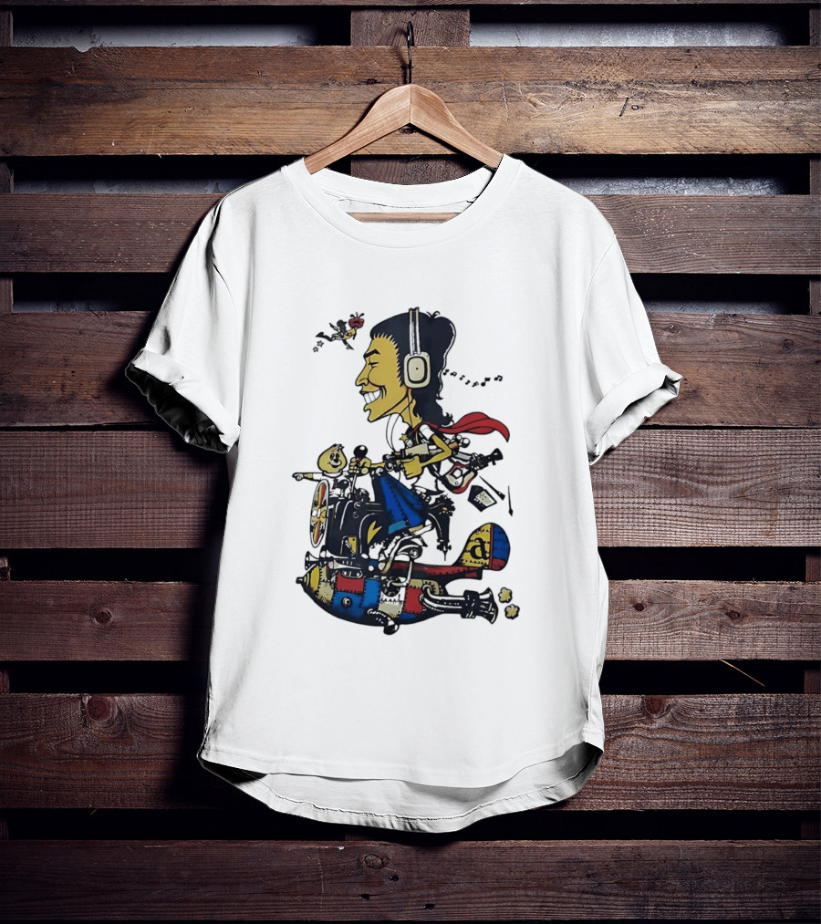 Cartoon Caricature Man With Headphones Riding Flying Rocket Airplane T-Shirt