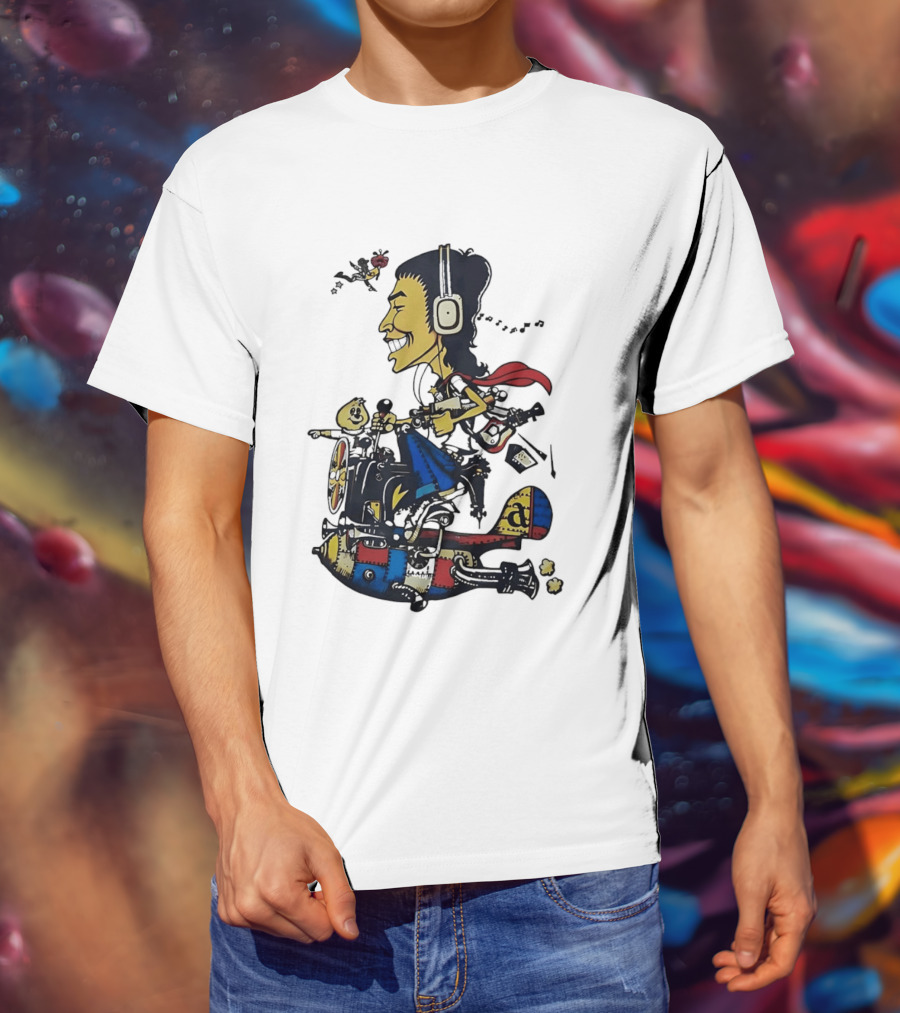 Cartoon Caricature Man With Headphones Riding Flying Rocket Airplane T-Shirt