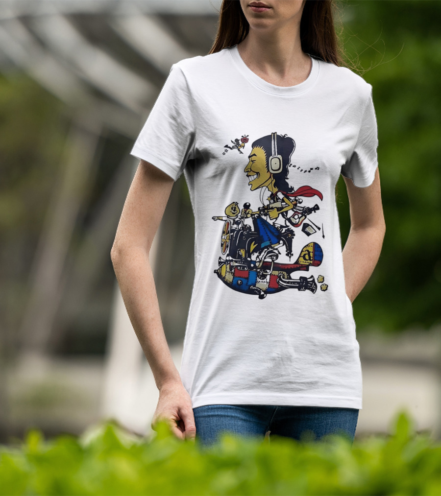 Cartoon Caricature Man With Headphones Riding Flying Rocket Airplane T-Shirt
