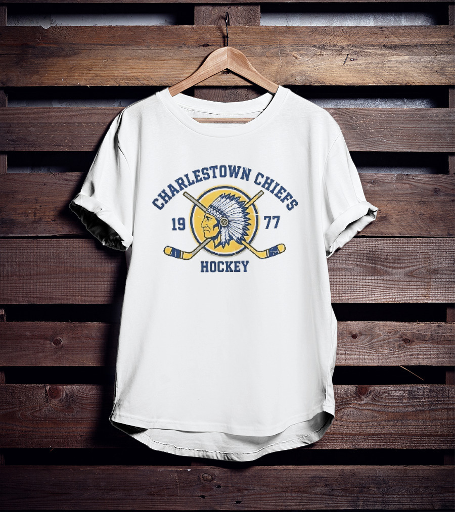Charlestown Chiefs 1977 Hockey Team Logo With Vintage Native American Head And Crossed Hockey Sticks T-Shirt