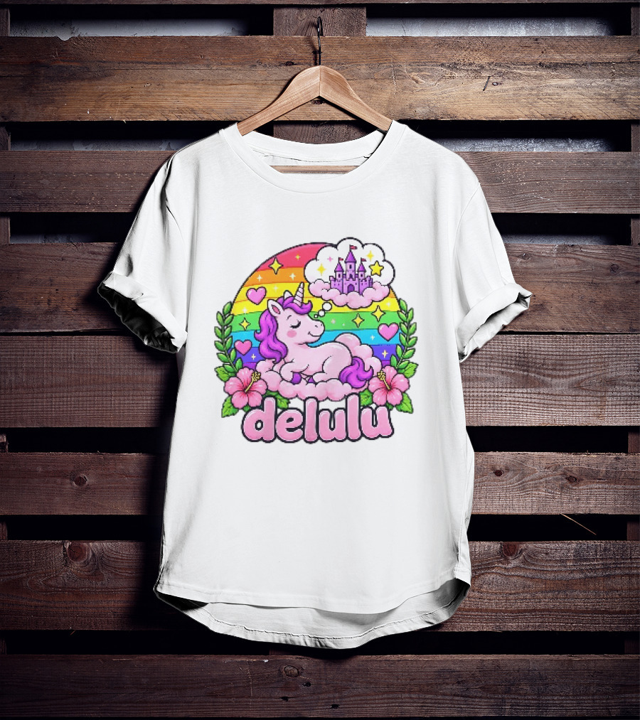 Delulu Unicorn Rainbow Castle Dreams With Colorful Heart Accents T-Shirt