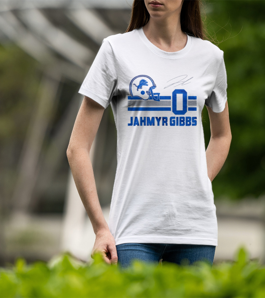 Detroit Lions Jahmyr Gibbs Zero Helmet Number Stripes Distressed T-Shirt