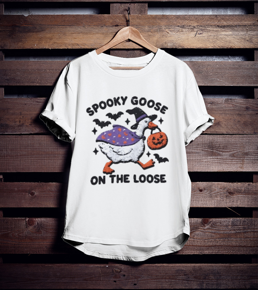 Spooky Goose On The Loose Halloween Embroidered T-Shirt