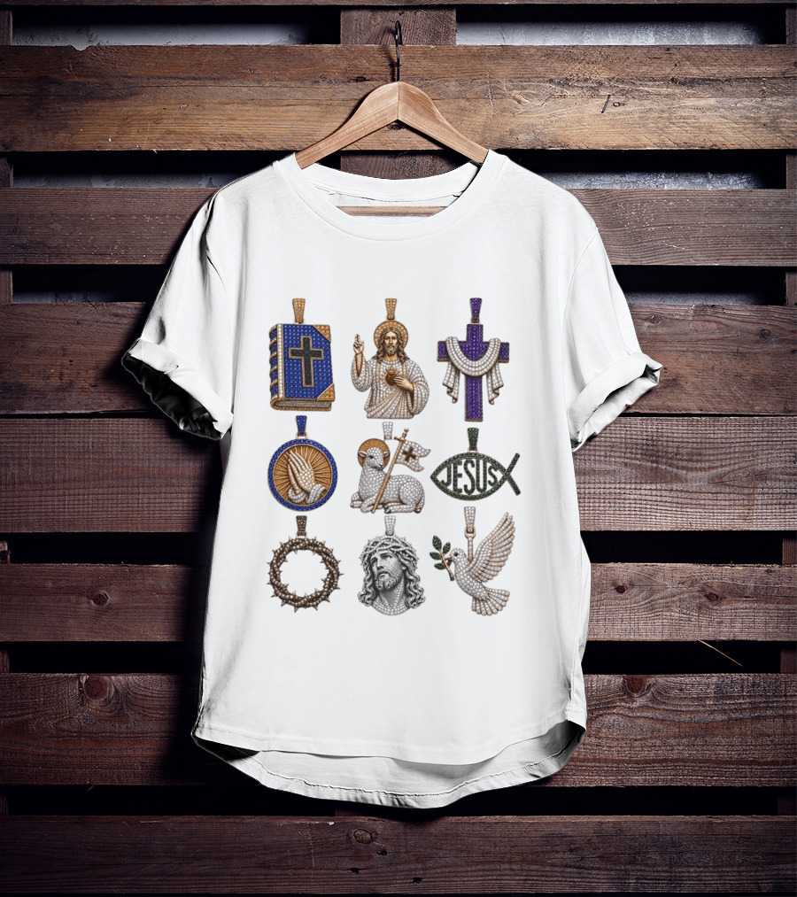 Jesus Cross Bible Lamb Fish Dove Crown Praying Hands Gemstone Pendants Collection T-Shirt