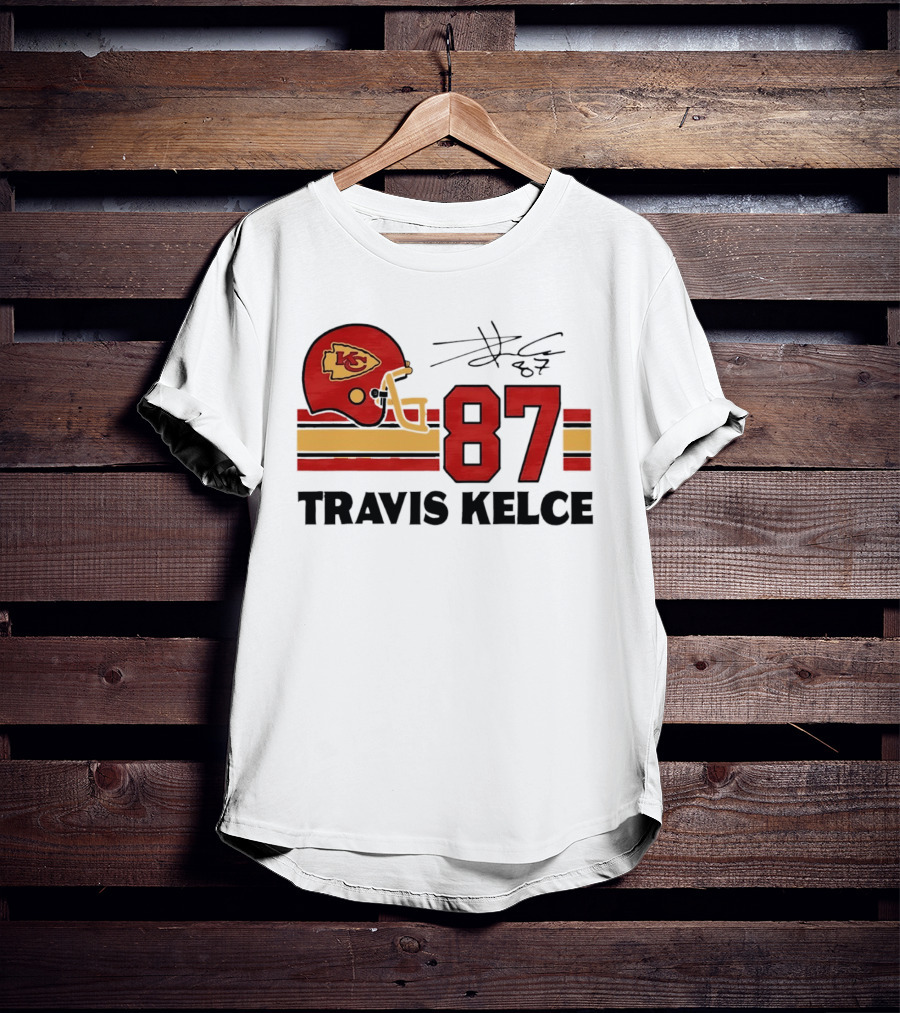 Kansas City Chiefs Travis Kelce 87 Red Gold Helmet Stripes T-Shirt