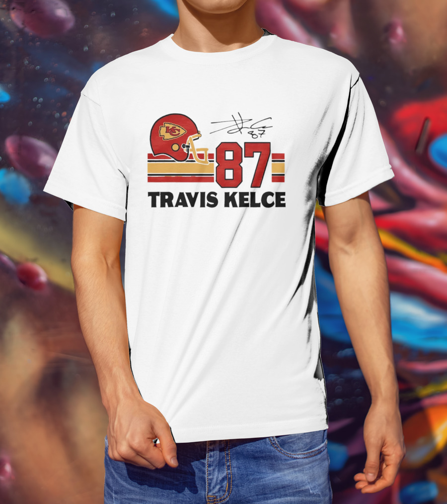 Kansas City Chiefs Travis Kelce 87 Red Gold Helmet Stripes T-Shirt