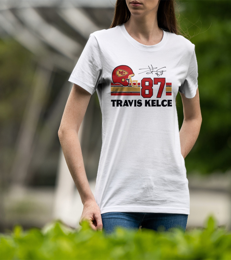 Kansas City Chiefs Travis Kelce 87 Red Gold Helmet Stripes T-Shirt