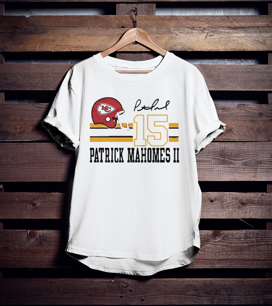 Kansas City Chiefs Patrick Mahomes II Number 15 Signature Football Helmet Stripes T-Shirt