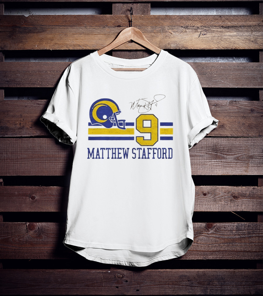 Los Angeles Rams Matthew Stafford Helmet Autograph Number 9 Blue Yellow Stripes T-Shirt