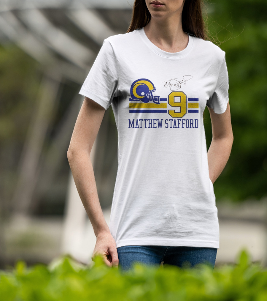 Los Angeles Rams Matthew Stafford Helmet Autograph Number 9 Blue Yellow Stripes T-Shirt