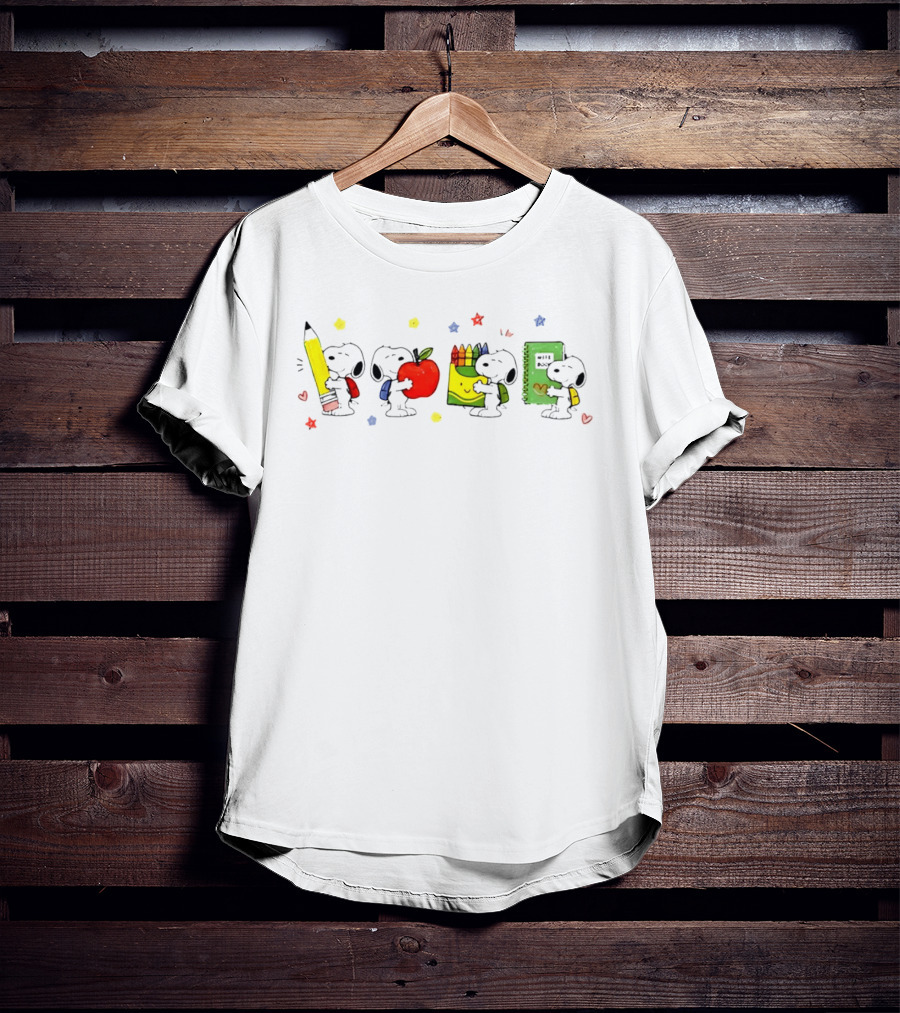 Peanuts Snoopy Cartoon Characters With School Supplies Pencil Apple Crayons Notebook T-Shirt