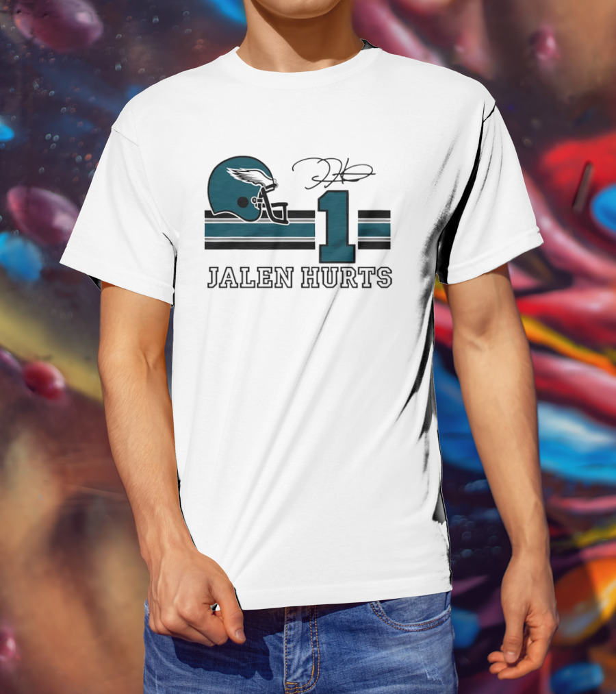 Philadelphia Eagles Jalen Hurts Helmet Number 1 Signature T-Shirt