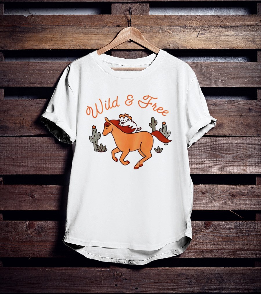 Wild And Free Cartoon Cowboy Cat Galloping Horse Cactus Scene T-Shirt