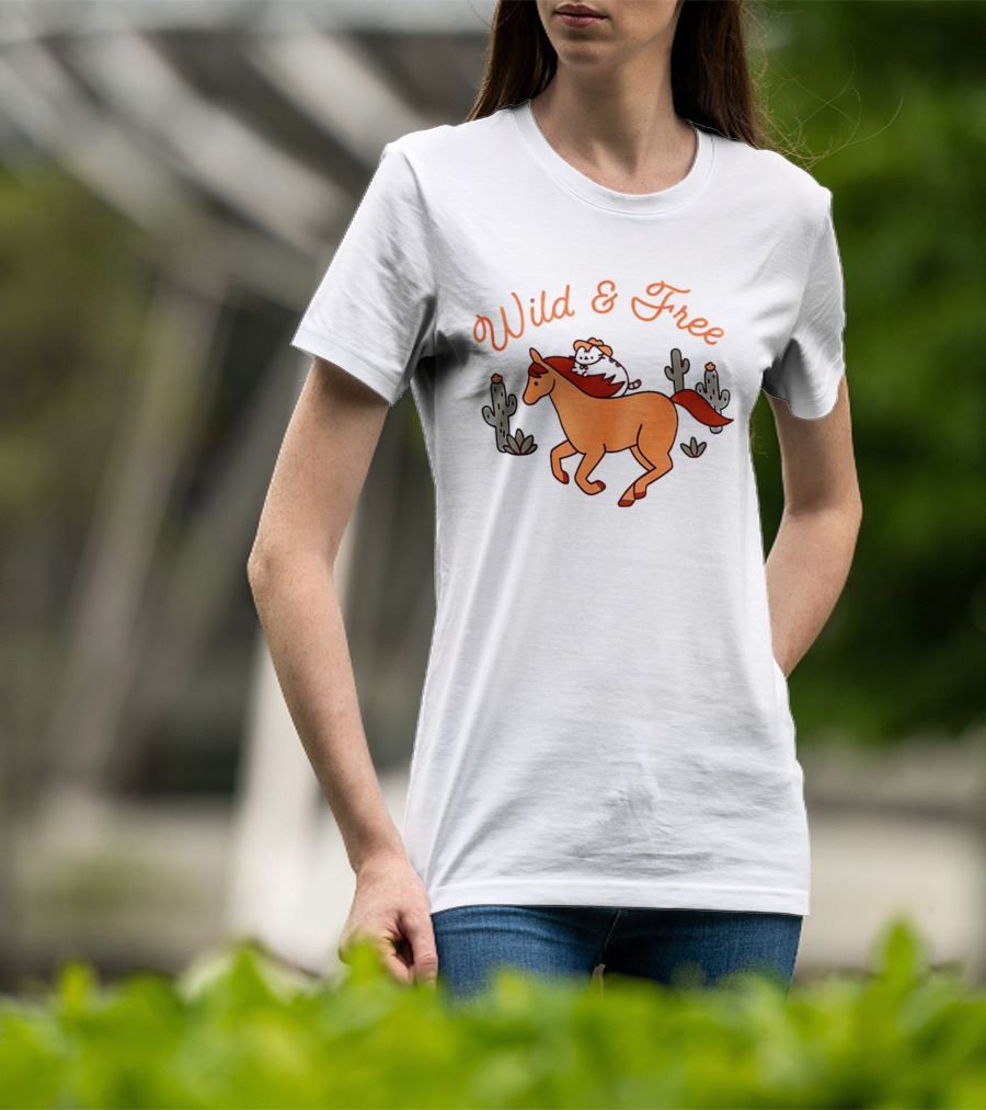 Wild And Free Cartoon Cowboy Cat Galloping Horse Cactus Scene T-Shirt