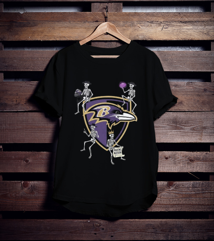 Baltimore Ravens Nation Skeletons Football Helmet Shield Ravens Logo Halloween T-Shirt