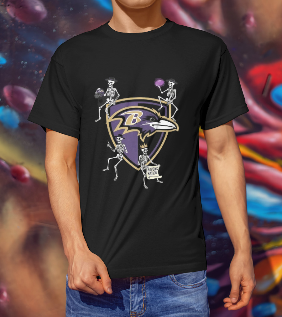 Baltimore Ravens Nation Skeletons Football Helmet Shield Ravens Logo Halloween T-Shirt