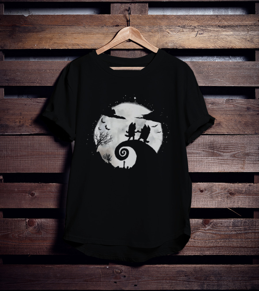 Bluey And Bingo Halloween Mashup With Iconic Moonlit Hill Scene T-Shirt