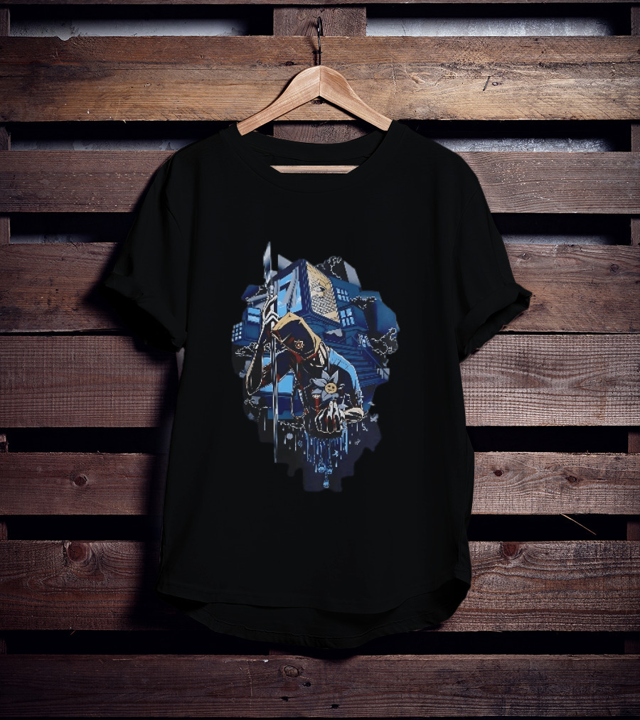 Masked Figure With Spear And Smiling Flower By Mysterious Floating House T-Shirt