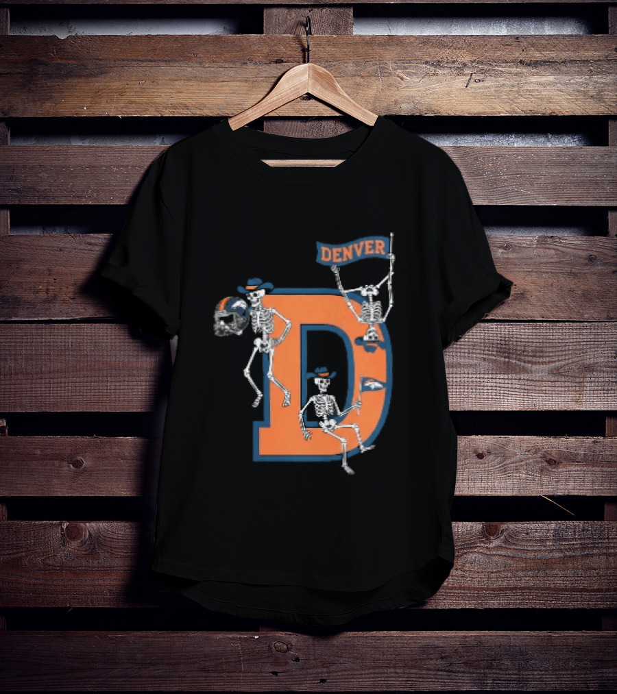 Denver Broncos Skeletons Cowboy Hats Big D Helmet Flag Orange T-Shirt