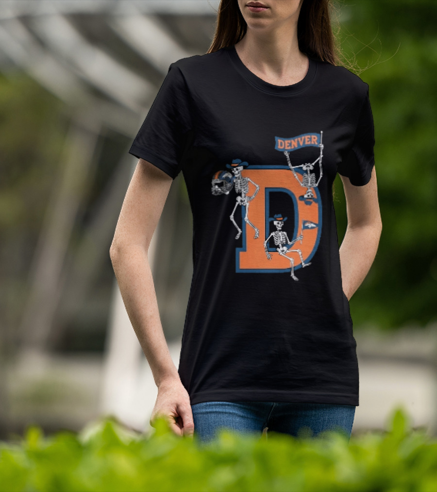 Denver Broncos Skeletons Cowboy Hats Big D Helmet Flag Orange T-Shirt
