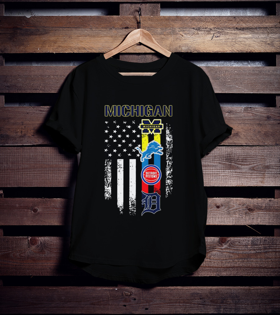 Michigan Wolverines Detroit Lions Pistons Tigers Flag T-Shirt