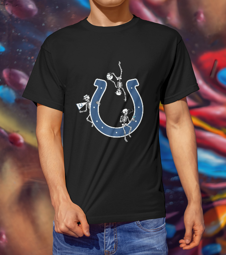 Indianapolis Colts Skeletons Celebrating With Hats And Drink By Horseshoe T-Shirt