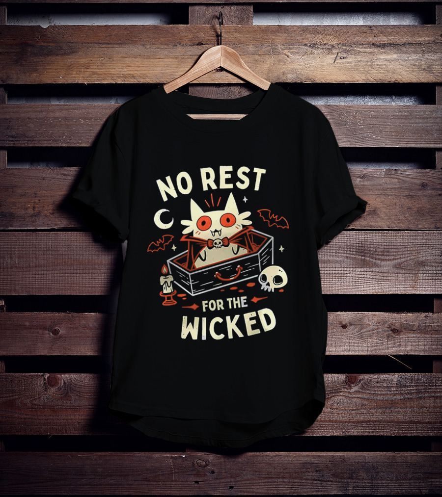 No Rest For The Wicked Vampire Cat Halloween Humor With Bats And Skull T-Shirt