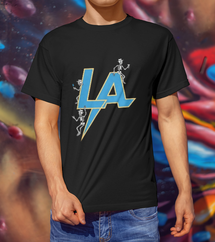 Los Angeles Chargers Skeletons On LA Lettering With Lightning Bolt T-Shirt