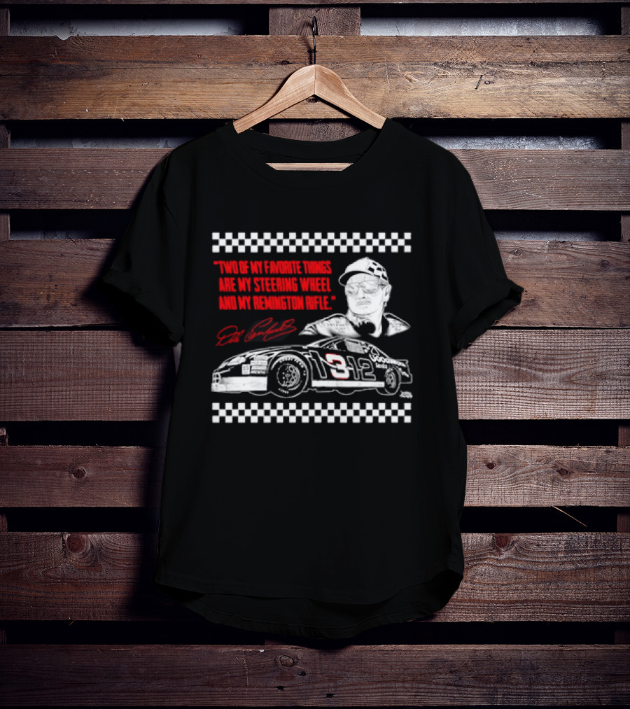 Two Of My Favorite Things Are My Steering Wheel And My Remington Rifle Racing Car 3 Checkered Flag T-Shirt