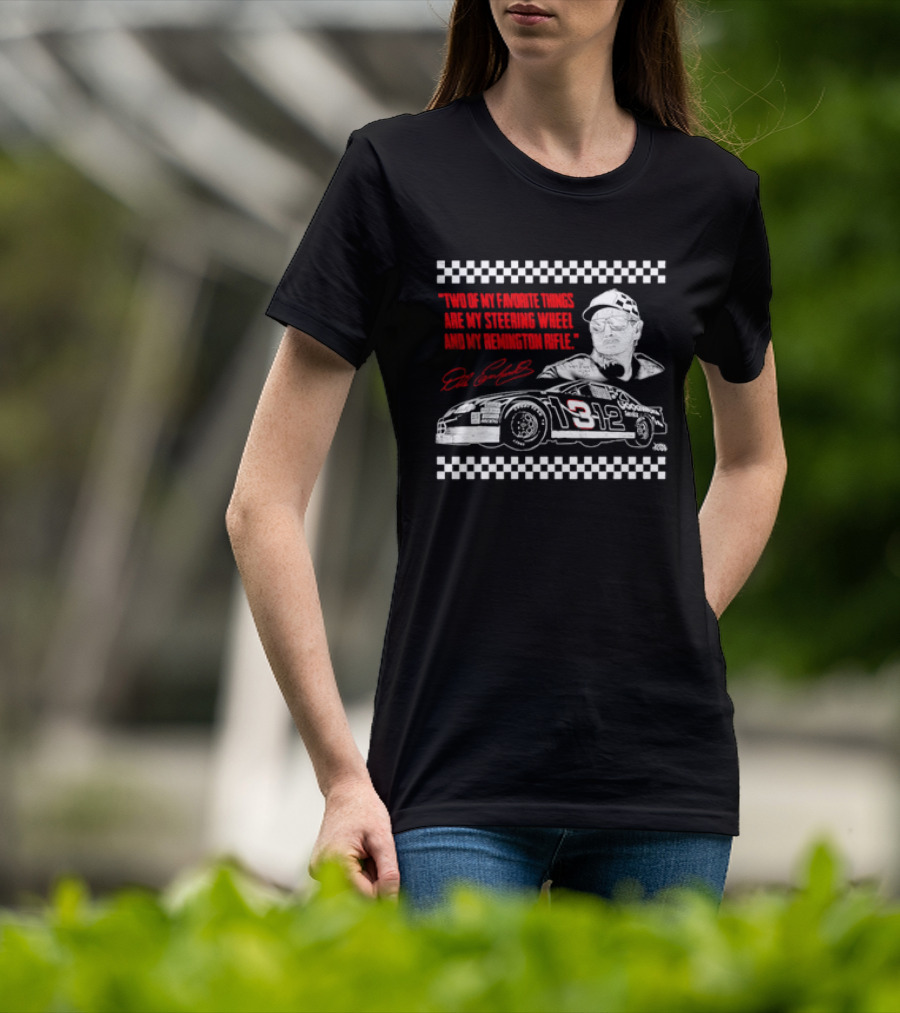 Two Of My Favorite Things Are My Steering Wheel And My Remington Rifle Racing Car 3 Checkered Flag T-Shirt