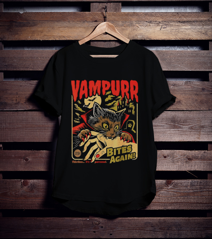 Vampurr Bites Again Vampire Cat Halloween Vintage Spooky Paws T-Shirt