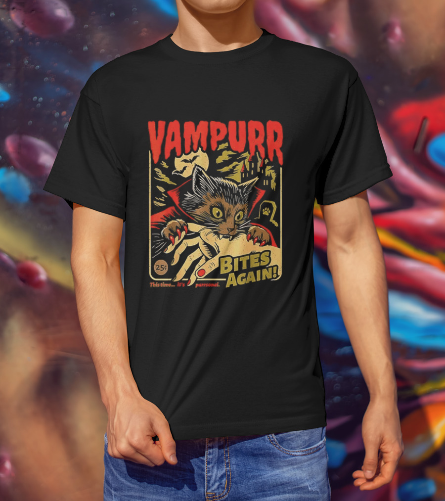 Vampurr Bites Again Vampire Cat Halloween Vintage Spooky Paws T-Shirt