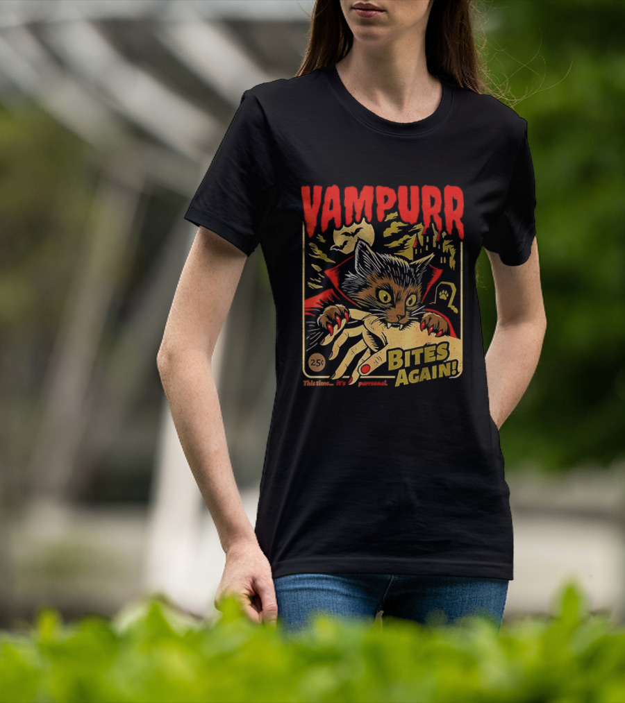 Vampurr Bites Again Vampire Cat Halloween Vintage Spooky Paws T-Shirt