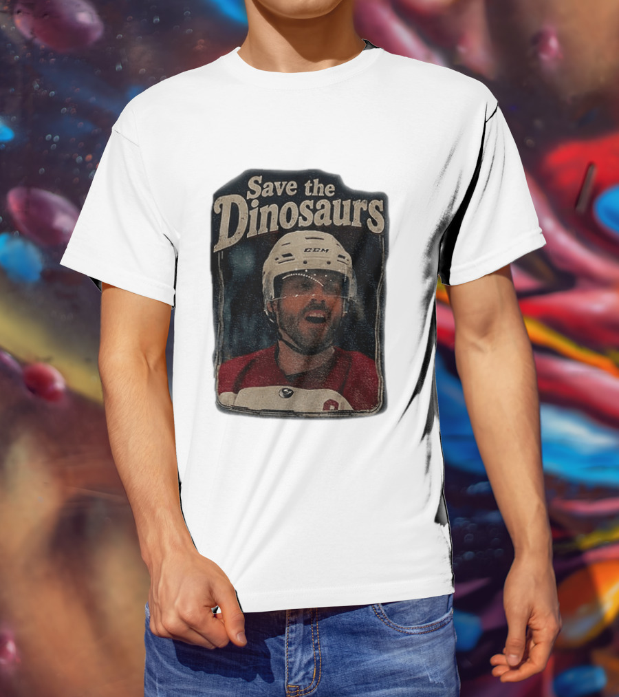 Connor Storrie Wearing Scott Hunter Save The Dinosaurs CCM Hockey T-Shirt
