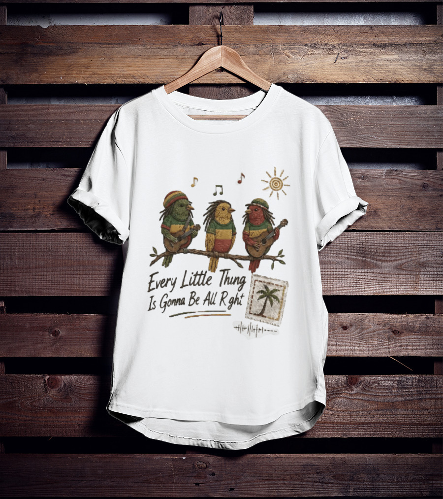 Every Little Thing Is Gonna Be All Right Reggae Birds Guitar Sunshine Palm Stamp Music Notes T-Shirt