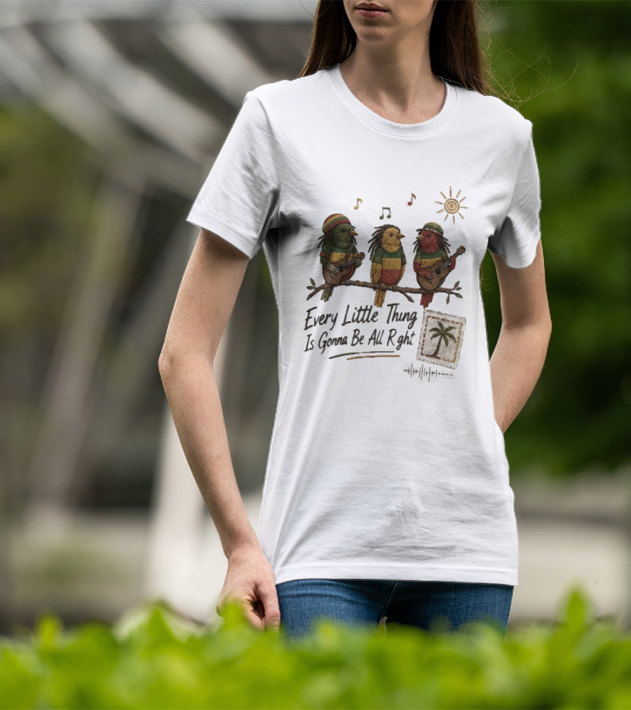 Every Little Thing Is Gonna Be All Right Reggae Birds Guitar Sunshine Palm Stamp Music Notes T-Shirt