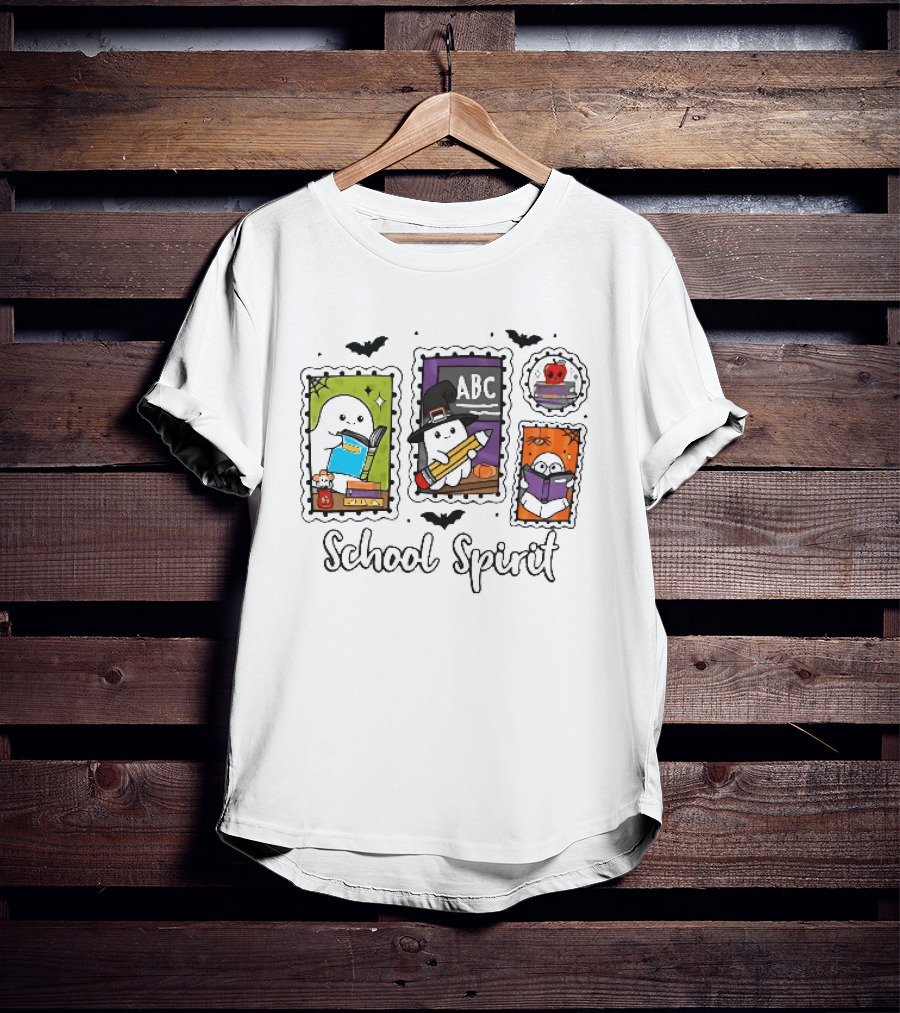 School Spirit Ghosts Holding Books Halloween Postage Stamps ABC Bats T-Shirt