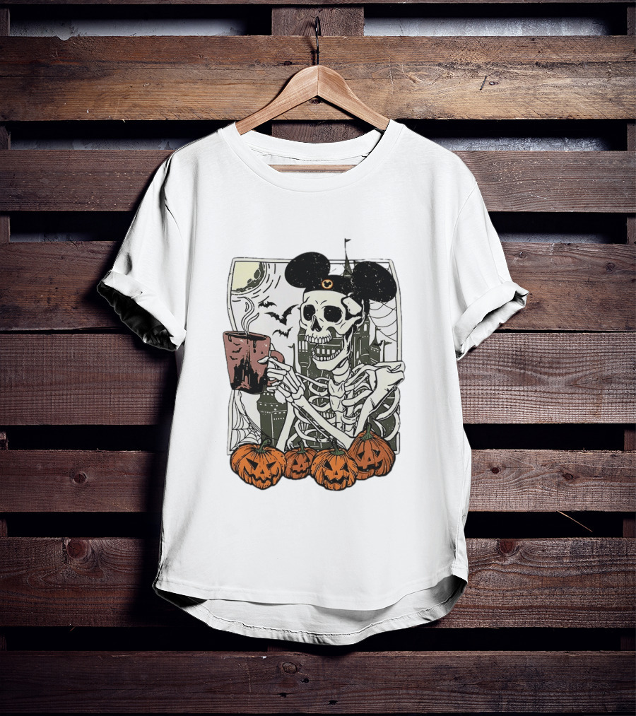Spooky Skeleton With Coffee Mouse Ears Pumpkins Bats Halloween 2026 T-Shirt