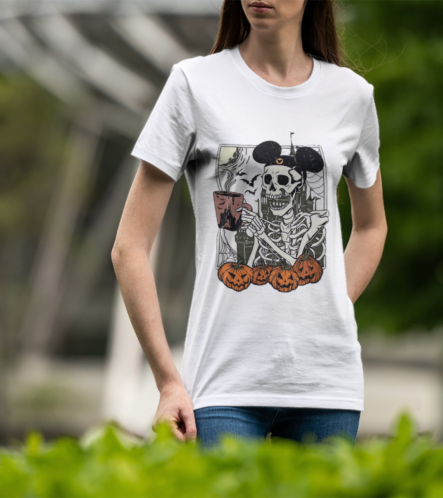 Spooky Skeleton With Coffee Mouse Ears Pumpkins Bats Halloween 2026 T-Shirt