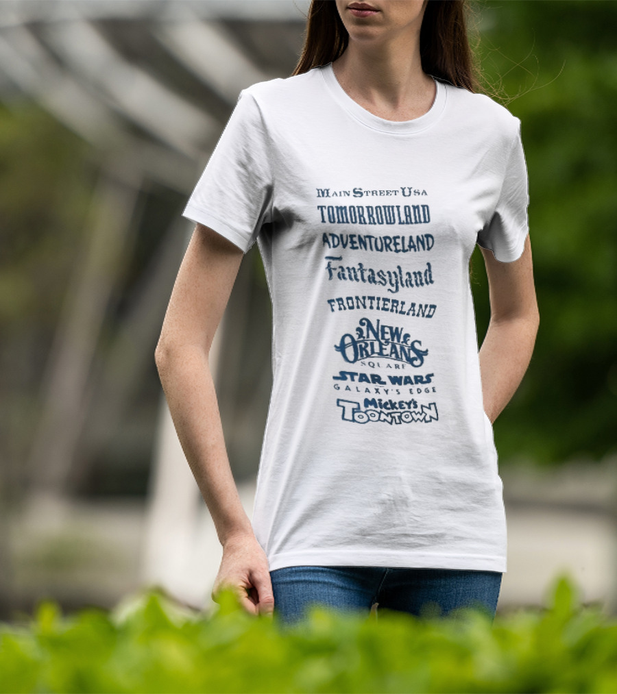 Main Street USA Tomorrowland Adventureland Fantasyland Frontierland New Orleans Square Liberty Square T-Shirt