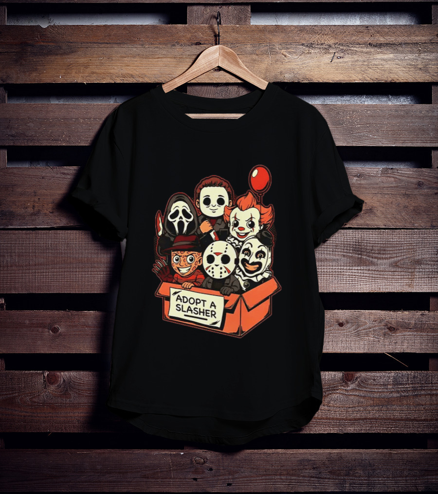 Adopt A Slasher Horror Characters Halloween Box With Iconic Balloon And Masked Monsters T-Shirt