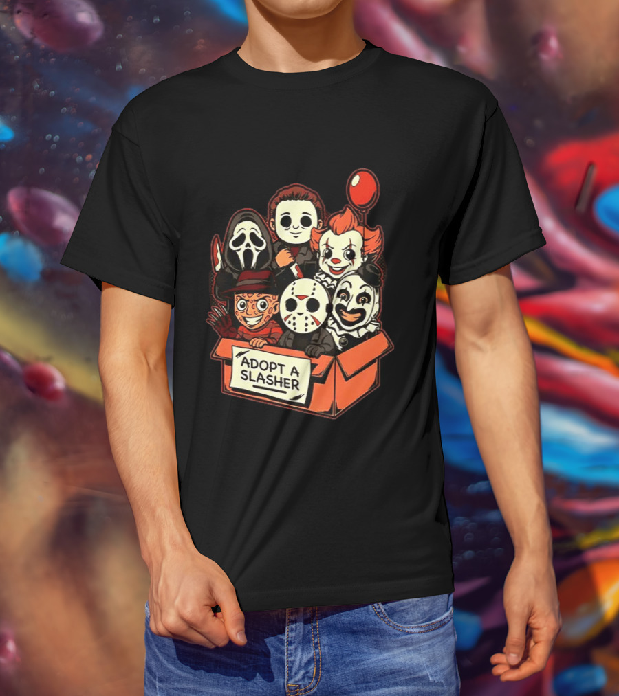 Adopt A Slasher Horror Characters Halloween Box With Iconic Balloon And Masked Monsters T-Shirt
