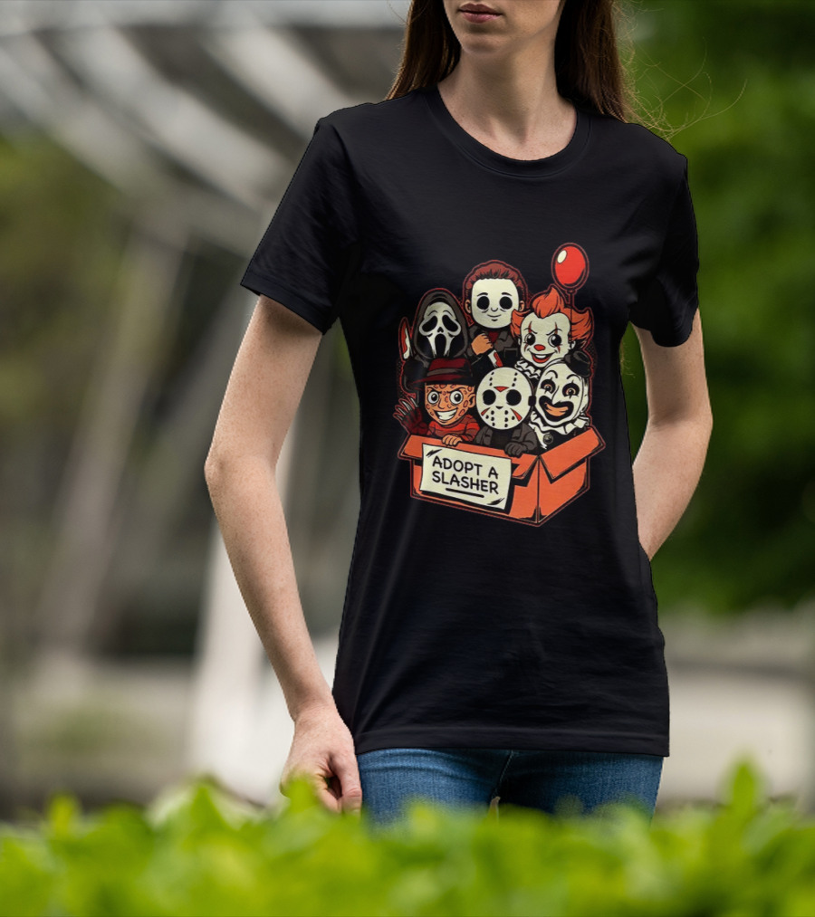 Adopt A Slasher Horror Characters Halloween Box With Iconic Balloon And Masked Monsters T-Shirt