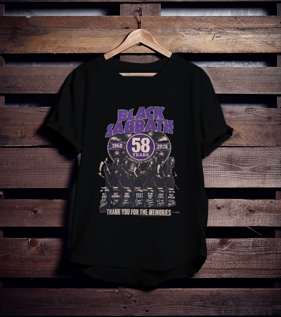 Black Sabbath 58 Years 1968 2026 Birmingham England Thank You For The Memories Ozzy Osbourne Tony Iommi Geezer Butler Bill Ward T-Shirt