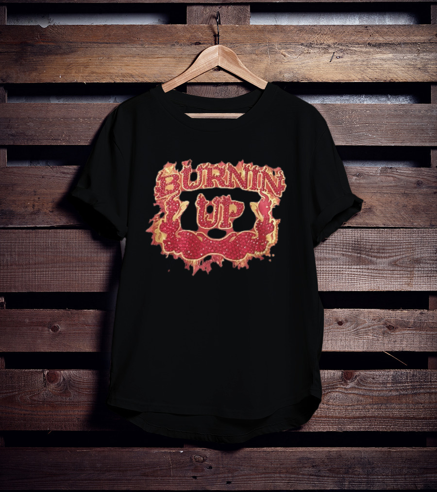 Burnin Up Red Rhinestone Gemstone Lettering Flaming Crest Frame Fiery T-Shirt