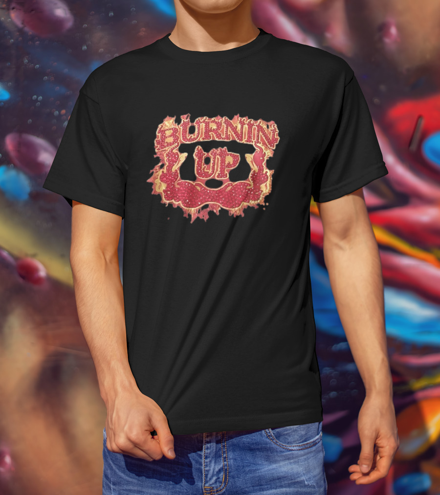 Burnin Up Red Rhinestone Gemstone Lettering Flaming Crest Frame Fiery T-Shirt