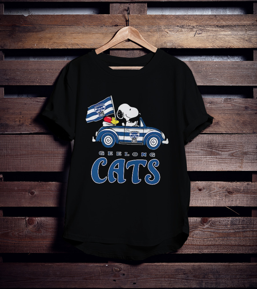 Geelong Cats Snoopy Woodstock Driving With Flag T-Shirt