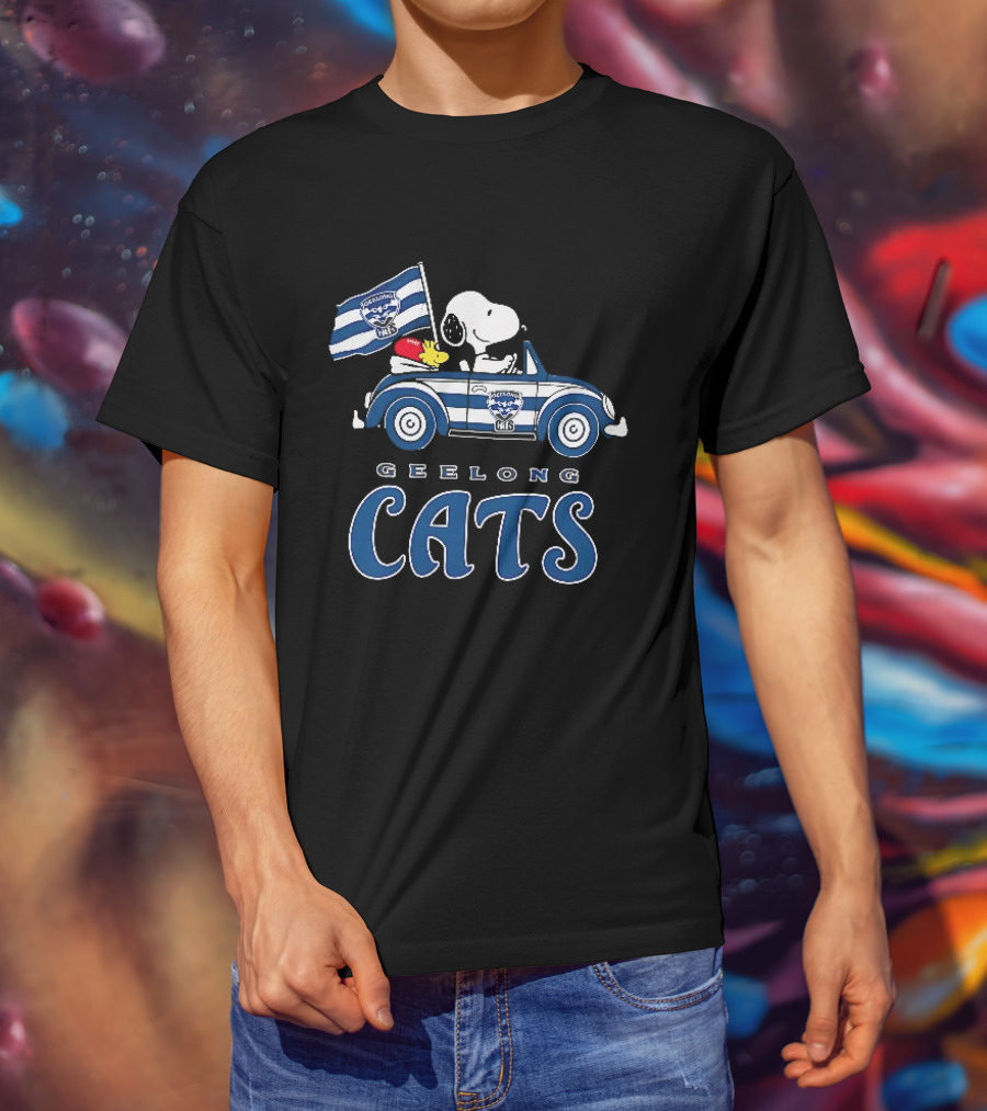Geelong Cats Snoopy Woodstock Driving With Flag T-Shirt