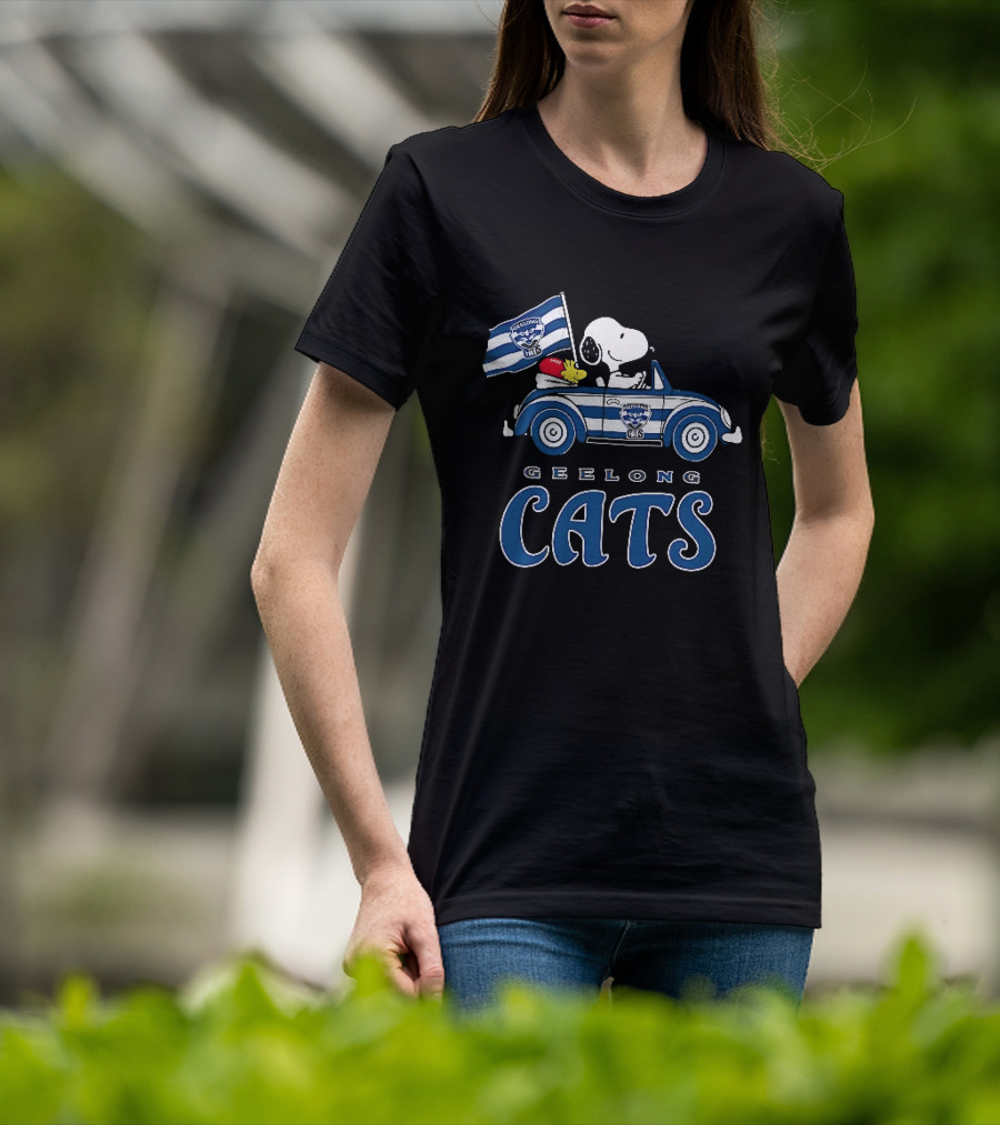 Geelong Cats Snoopy Woodstock Driving With Flag T-Shirt