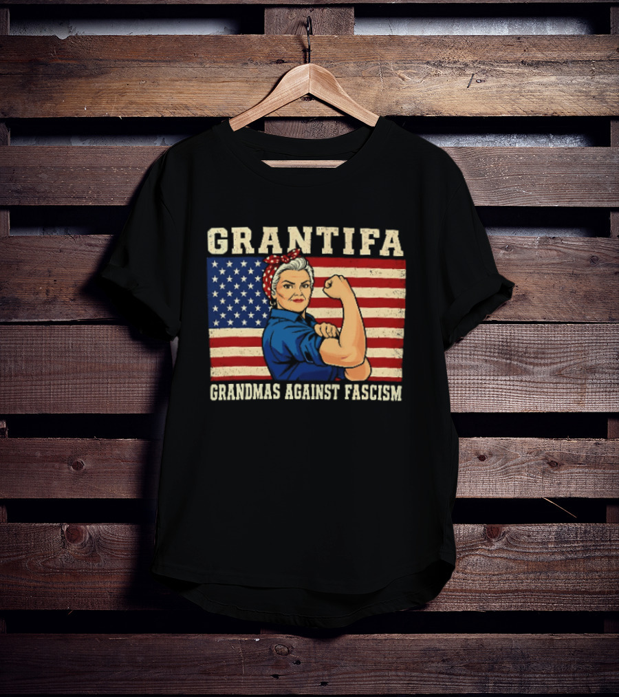 Grantifa Grandmas Against Fascism Rosie Riveter USA Flag T-Shirt